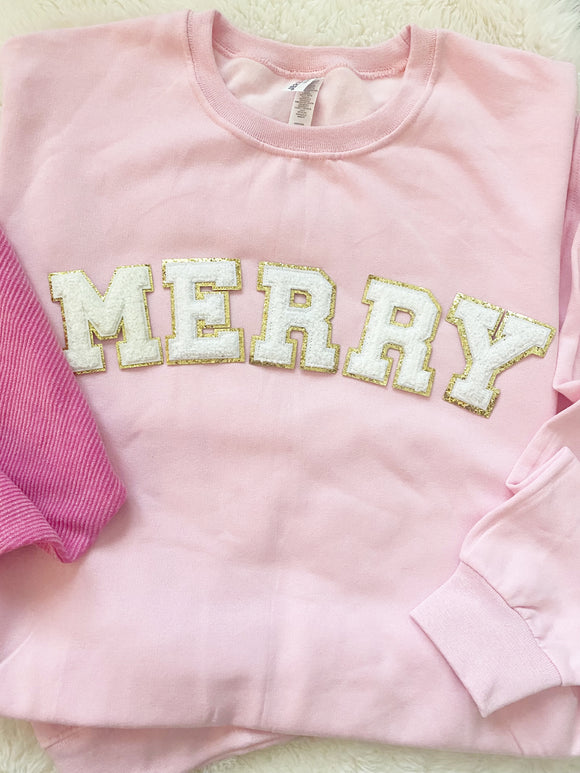 Light Pink Merry Chenille Letter Glitter Patch Tee/Sweatshirt