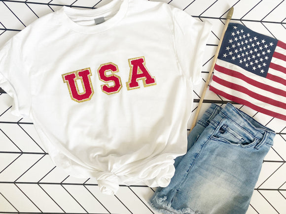 White USA Chenille Patch Patriotic Tee