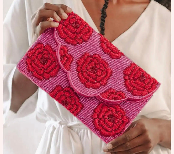 Red Rose Beaded Clutch