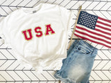 White USA Chenille Patch Patriotic Tee