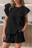 Black Textured Ruffled Sleeve Tee and Drawstring Shorts Set