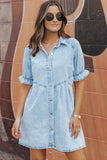 Beau Blue Mineral Wash Ruffled Short Sleeve Buttoned Denim Dress