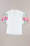 White Floral Embroidered Puff Sleeve Notched Neck Blouse