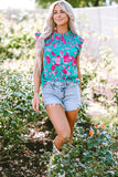 Green Floral Ruffled Flutter Sleeve Ruched Blouse