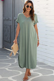 Grass Green V Neck Hidden Pocket Splits Maxi T-shirt Dress