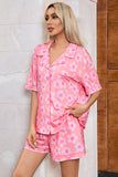 Pink Flower Print Short Sleeve Shirt Pajamas Set