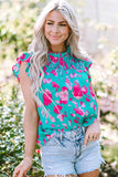 Green Floral Ruffled Flutter Sleeve Ruched Blouse