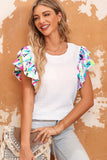 Multicolored Flutter Sleeve Round Neck Blouse