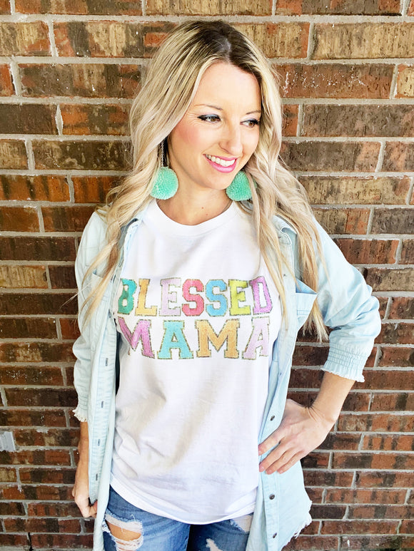 Blessed Mama Glitter Letter Tee/Sweatshirt